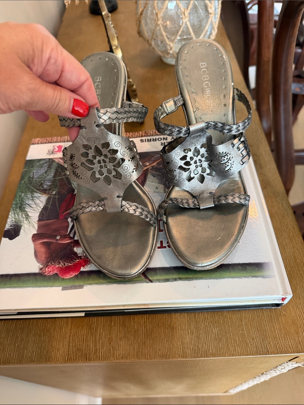 BCBGirls Metallic Braided Laser-Cut Slide Sandals - Silver